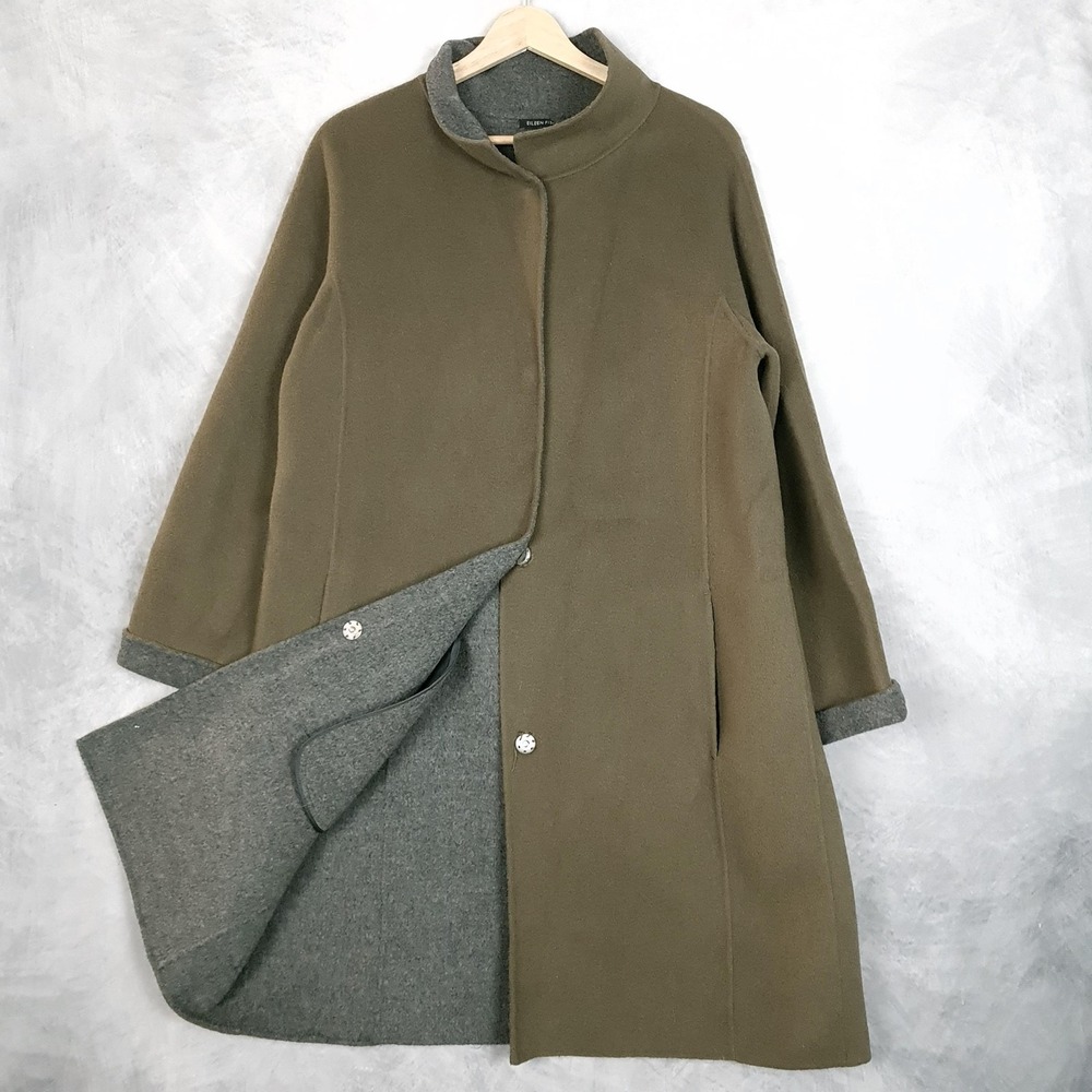 Eileen Fisher Coat Womens M Green Wool Snap Front Collared Mid Length Overcoat